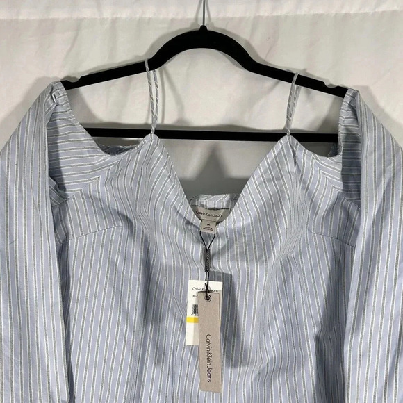 New Calvin Klein Jeans Blouse Women Medium Blue Striped Cold Shoulder Long Sleev - Picture 2 of 8
